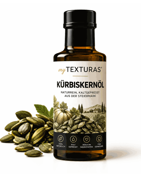 Flasche myTEXTURAS Kürbiskernöl neben Kürbiskernen