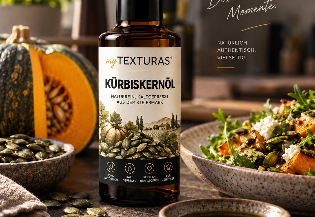 Flasche myTEXTURAS Kürbiskernöl neben Kürbiskernen