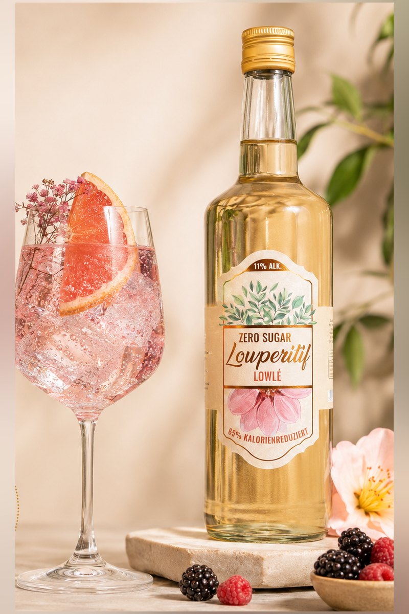 Flasche Louperitif Lowlé mit Spritz im Glas