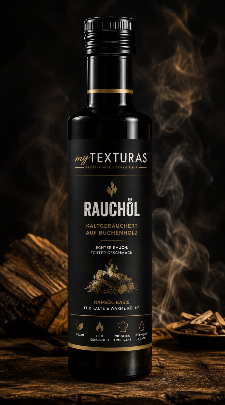 Flasche myTEXTURAS Rauchöl vor Buchenscheiten und aufsteigendem Rauch